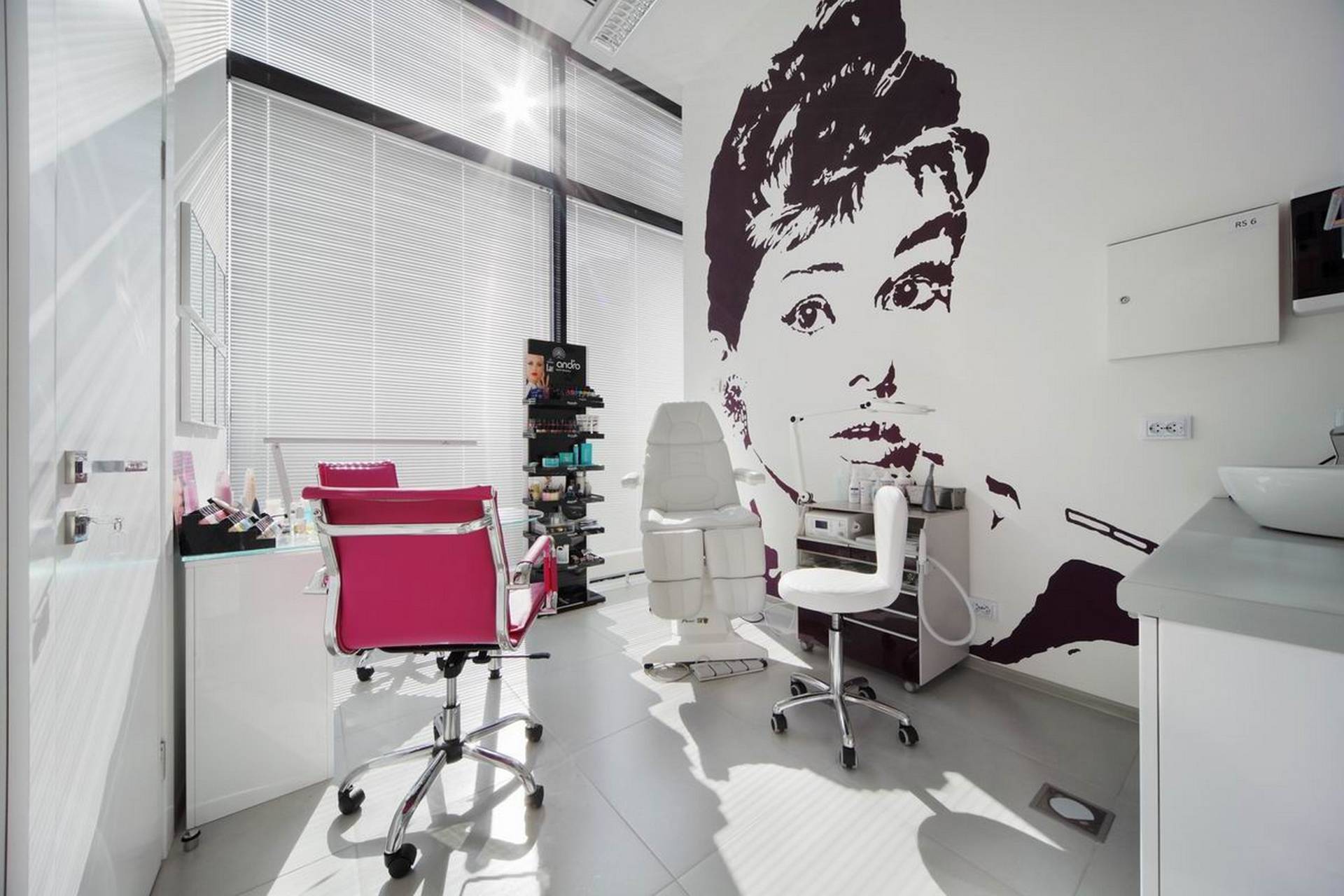 15 Salon de belleza moderno pintado de blanco con grafiti en la pared (puede ser Audrey Hepburn)