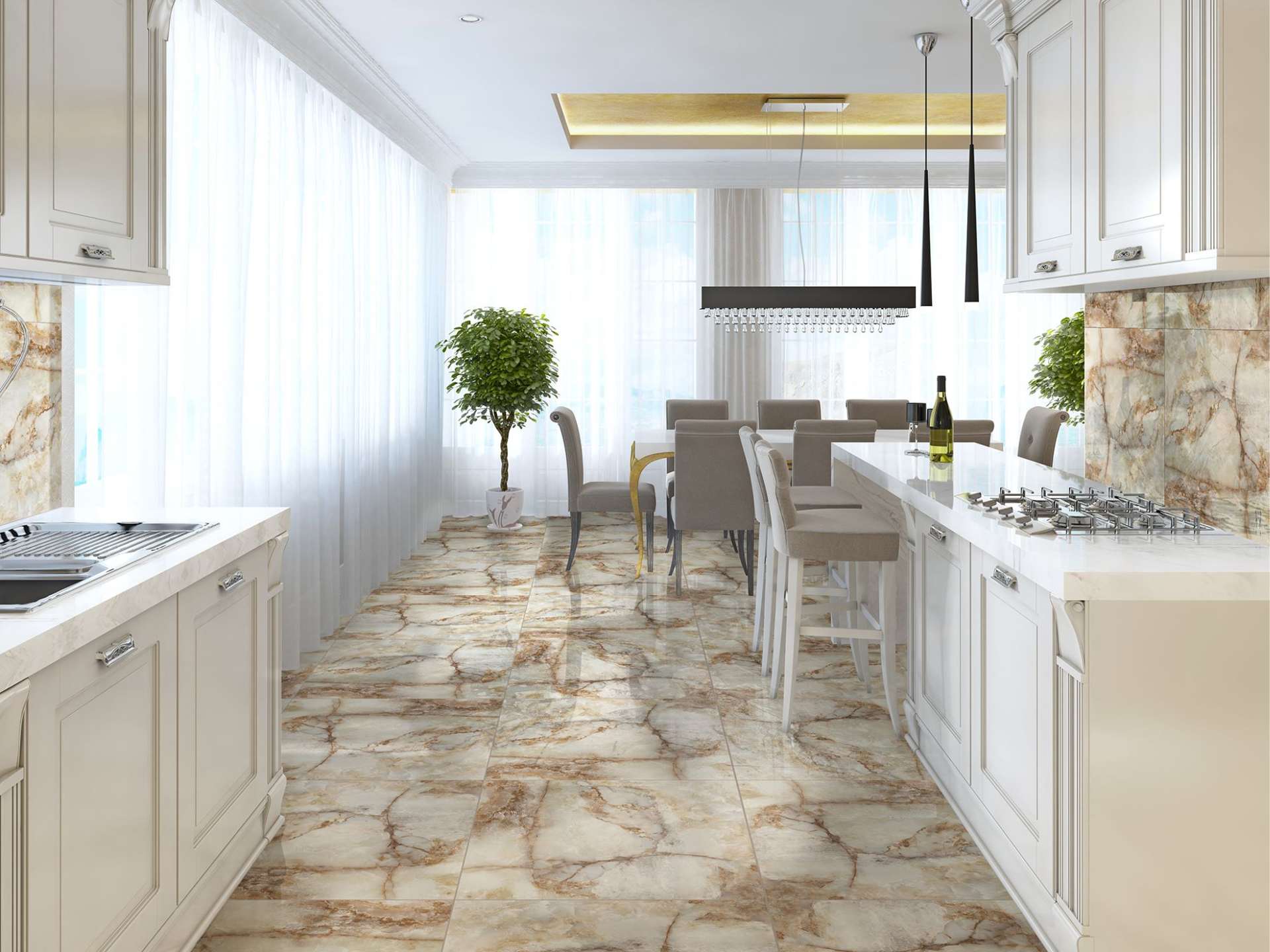 Como limpiar el suelo de mármol para que brille_Plano lateral de una cocina con suelo de marmol jaspeado