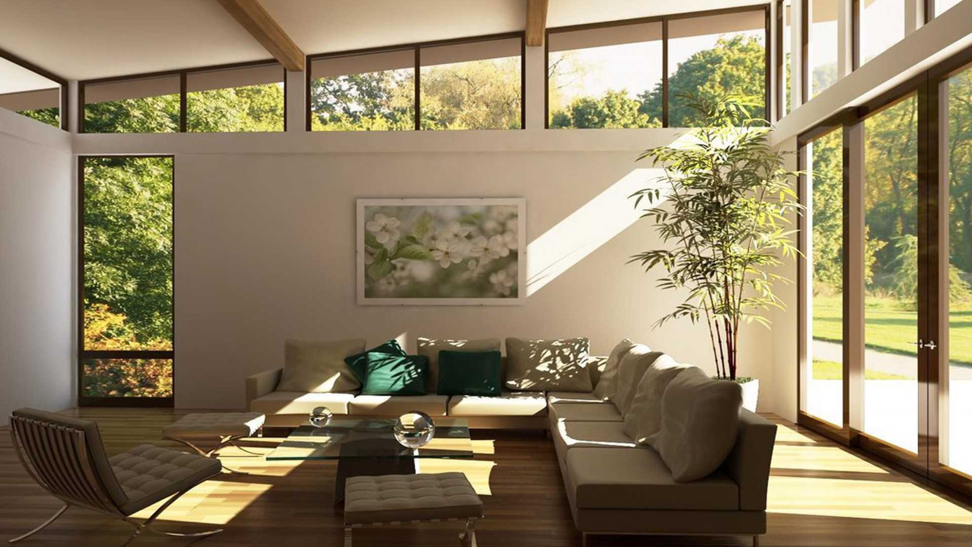  Moderna sala de estar o salon con ventanales de cristal y muebles estilo IKEA
