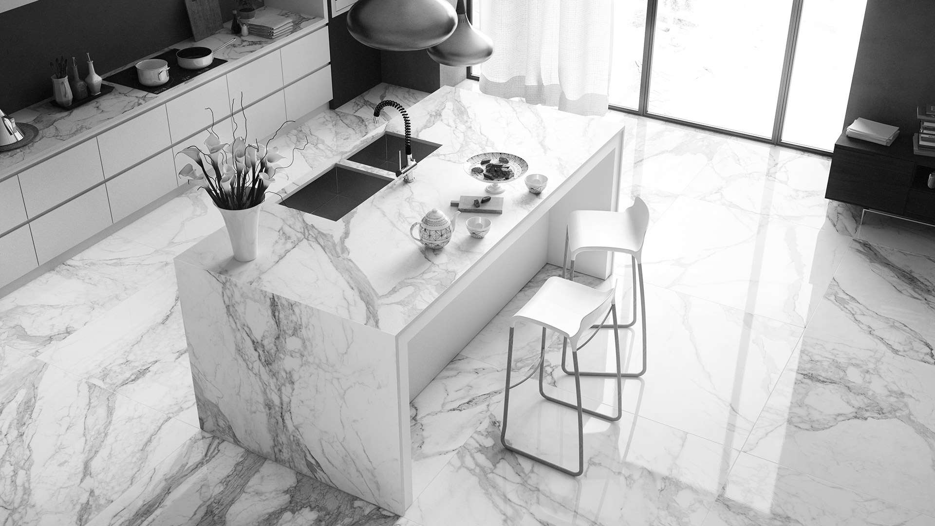 Como limpiar el suelo de mármol para que brille_Una cocina con suelo y mesa de marmol veteado